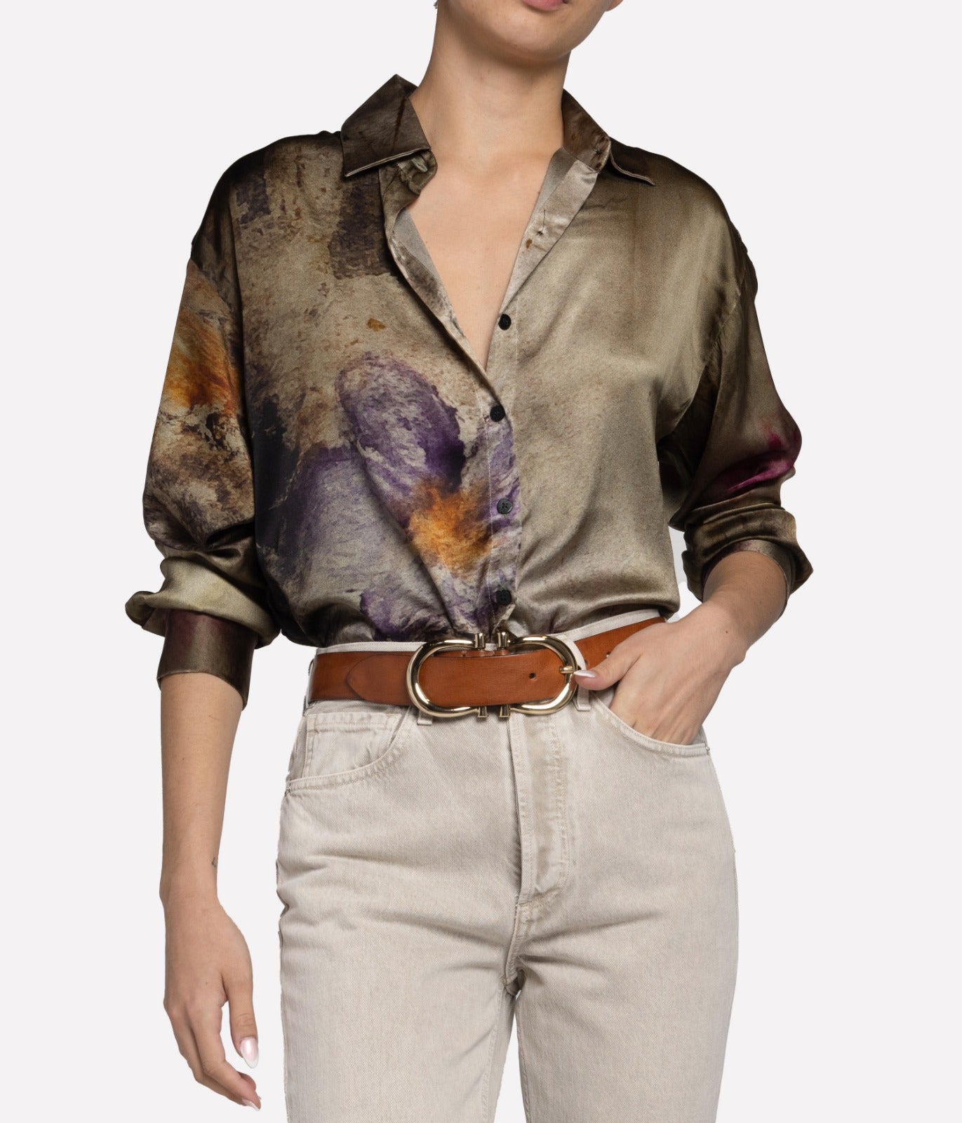 Flower Lake Printed Silk Shirt in Mushroom
