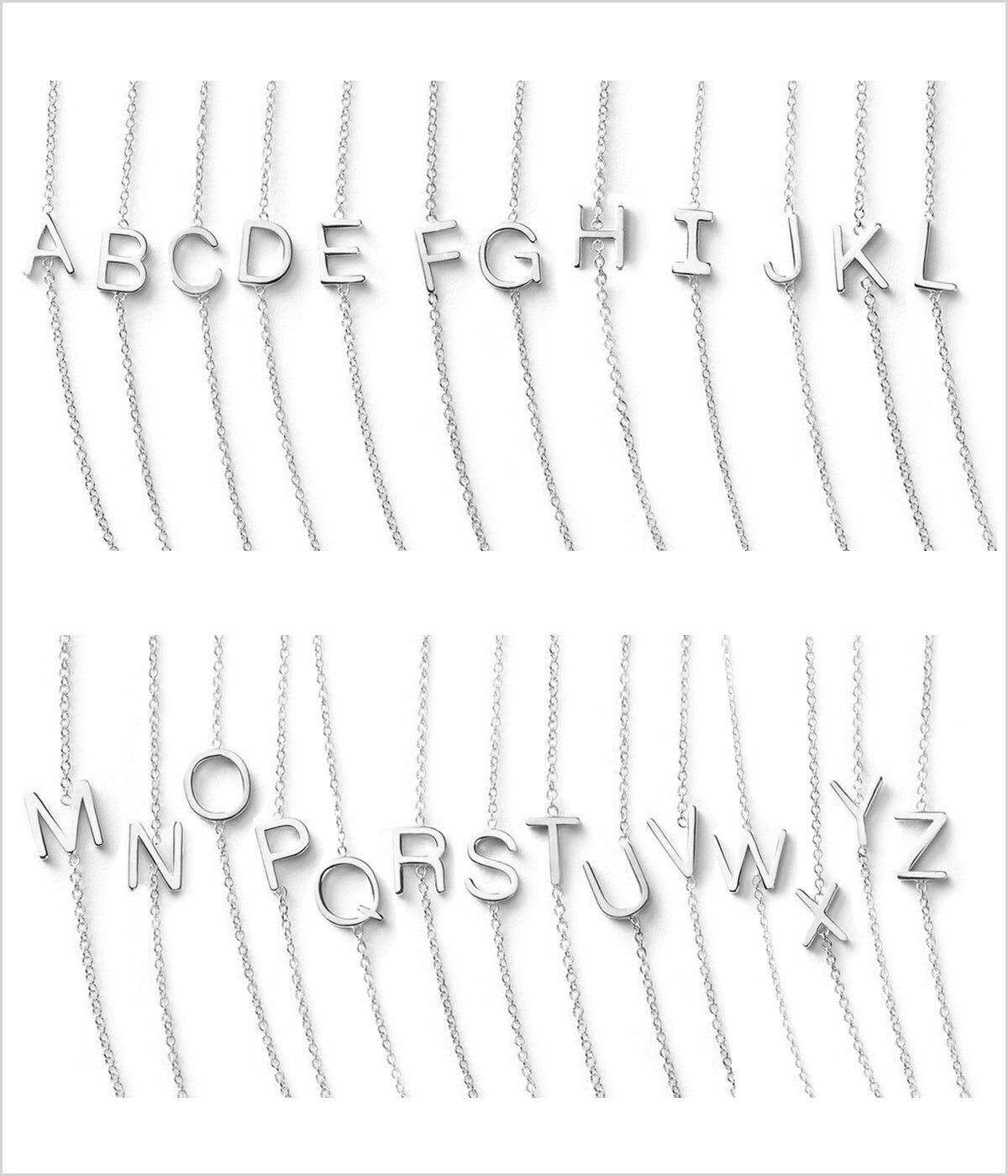 ALT text for images: Delicate 14K white gold necklace with personalised initial pendant, styled for everyday wear.