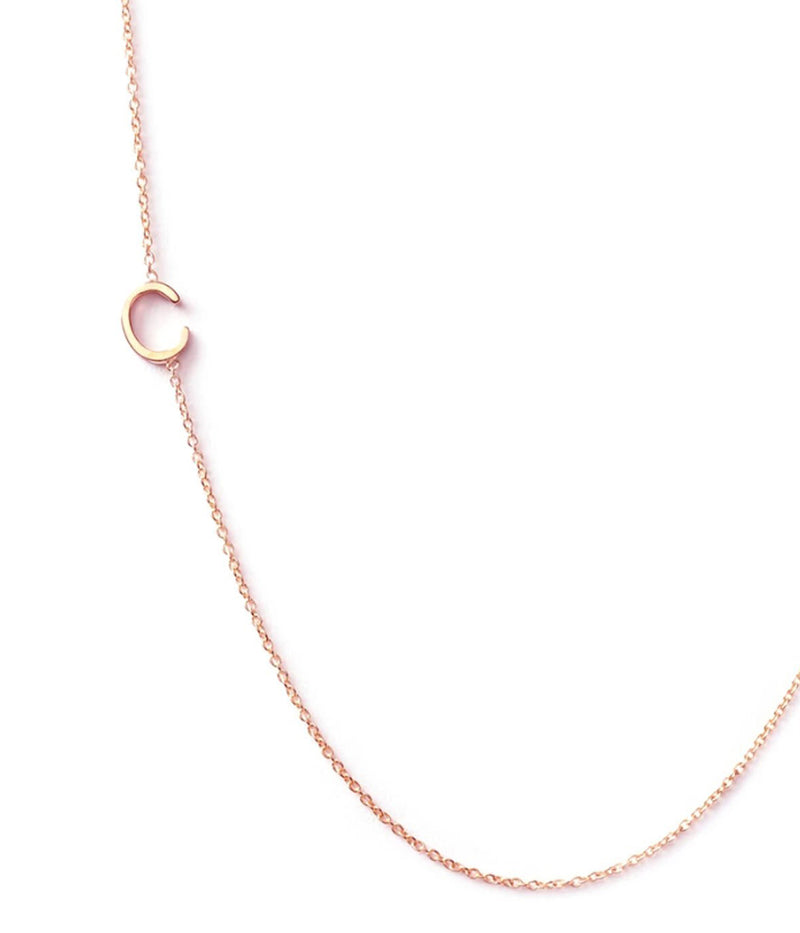 Personalized 14K rose gold initial necklace with delicate charm, 16-inch chain perfect for daily wear, shower, or surf. Ideal sentimental gift for birthdays, graduations, or new baby initials