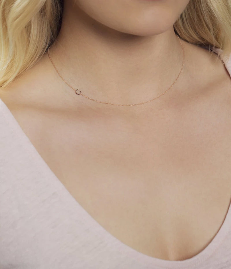 Personalized 14K rose gold initial necklace with delicate charm, 16-inch chain perfect for daily wear, shower, or surf. Ideal sentimental gift for birthdays, graduations, or new baby initials