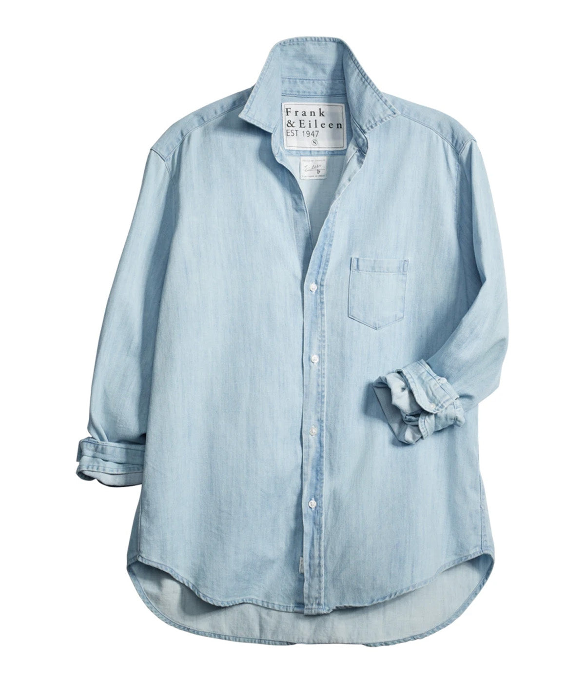 ALT TEXT: Frank &amp; Eileen Eileen shirt in white with a raw shirttail hem and soft, round shoulder, made from Italian cotton.