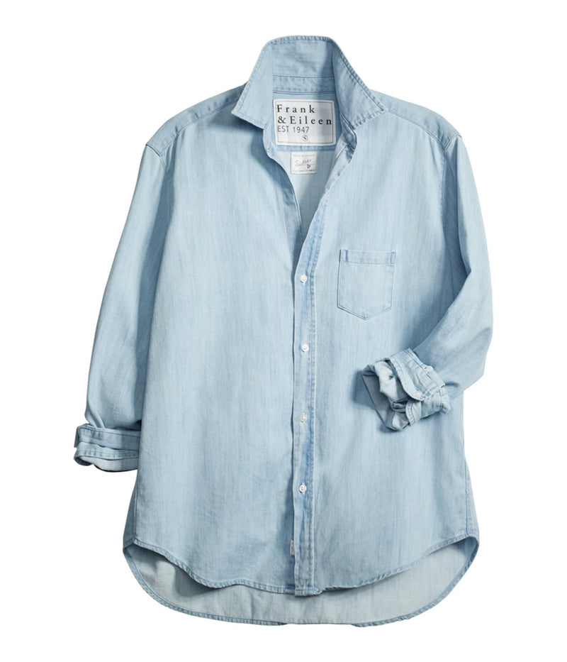ALT TEXT: Frank &amp; Eileen Eileen shirt in white with a raw shirttail hem and soft, round shoulder, made from Italian cotton.