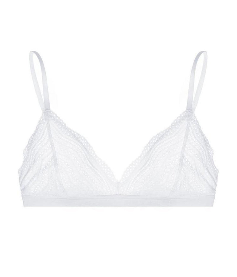 ALT text: Cosabella Dolce Soft Bra in chevron lace with semi-sheer mesh cups and scalloped trim