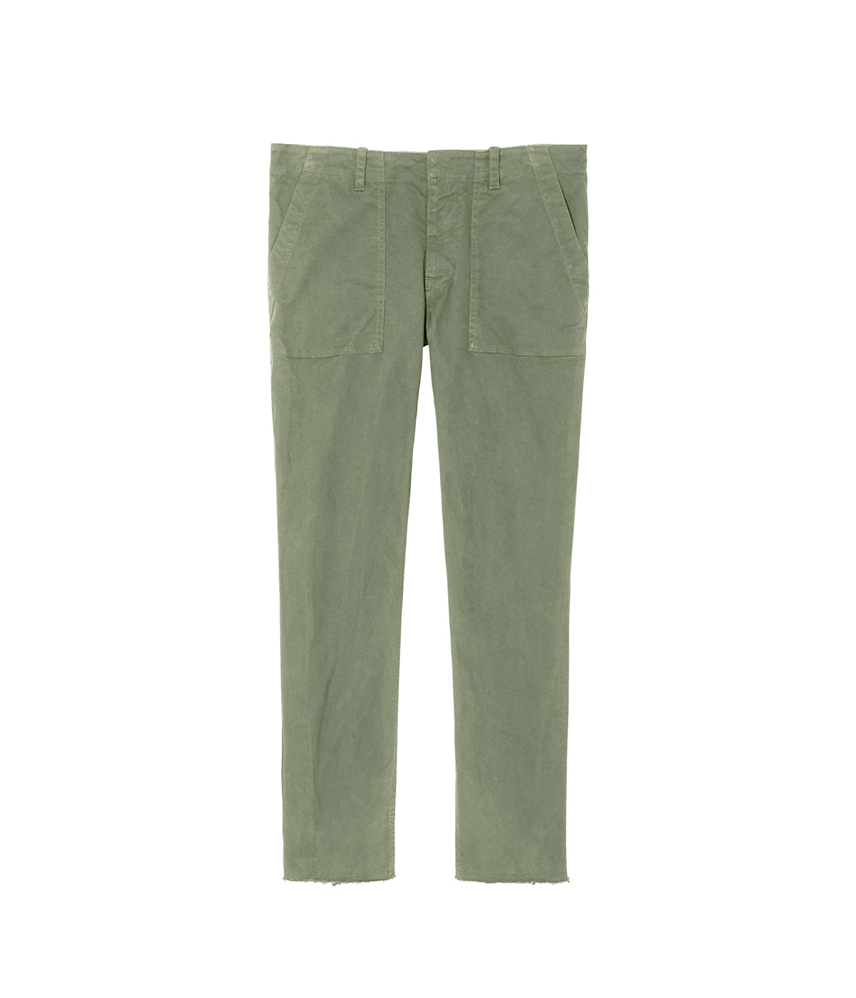 ALT text: Nili Lotan cropped twill pant in brushed stretch cotton with frayed hem, front patch pockets, and back flap pockets.