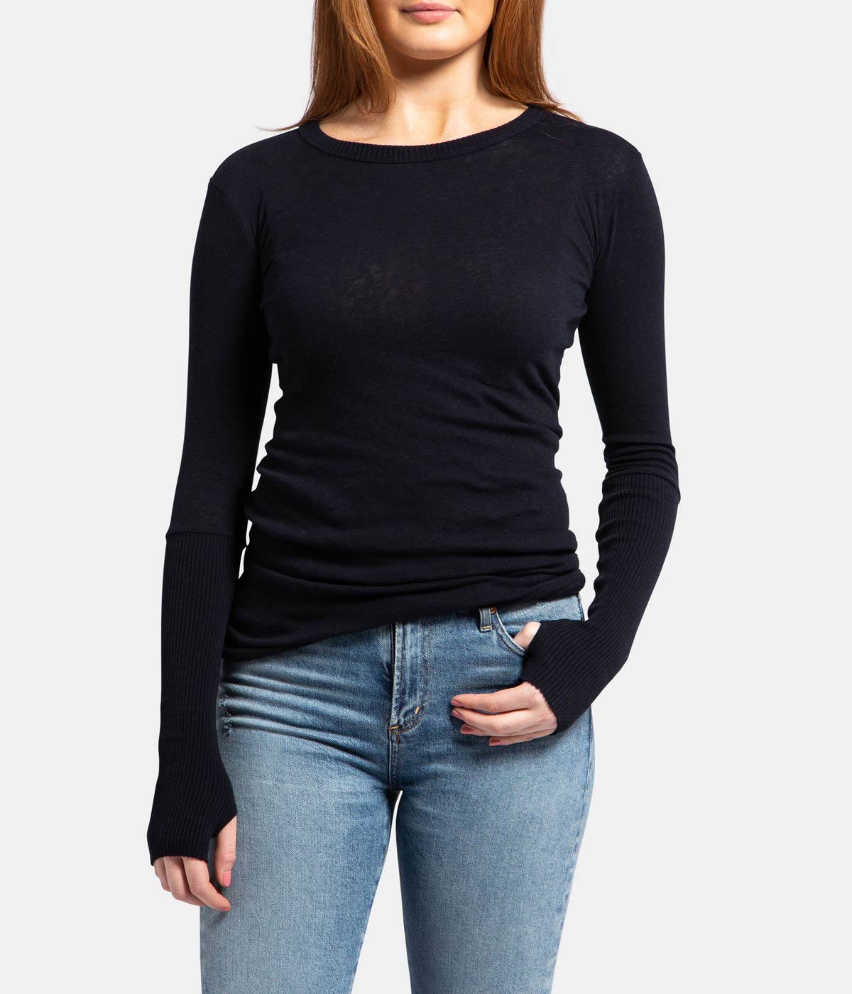 Cashmere Crew Neck Fitted Long Sleeve Top in Navy