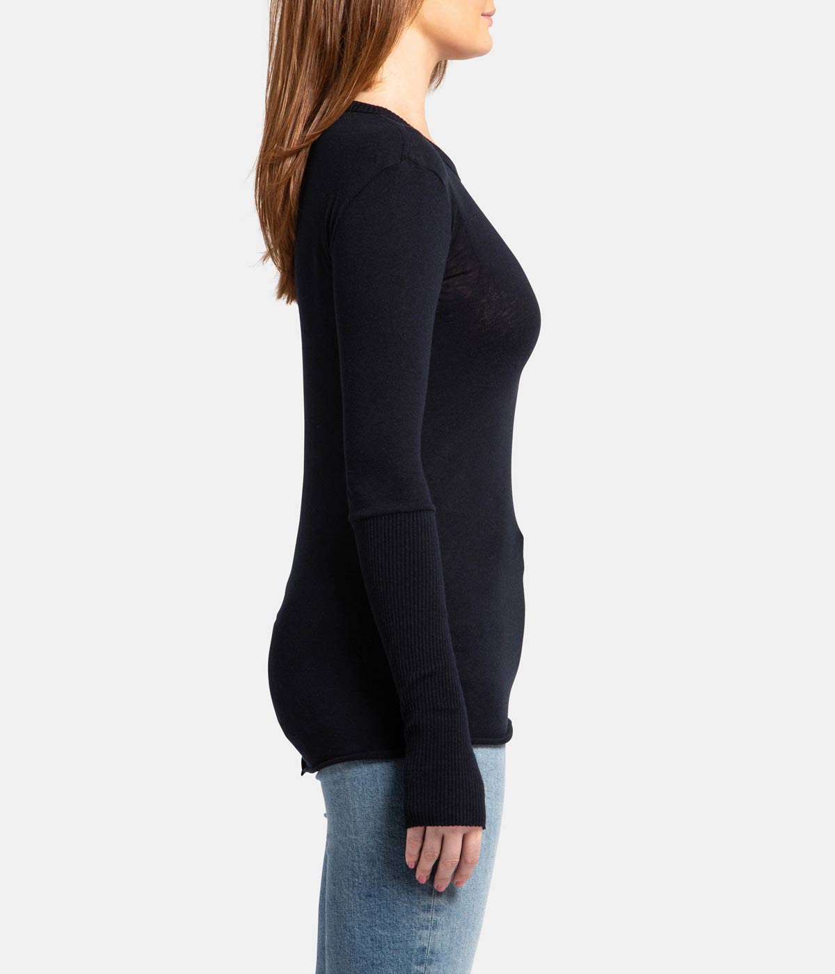 Cashmere Crew Neck Fitted Long Sleeve Top in Navy