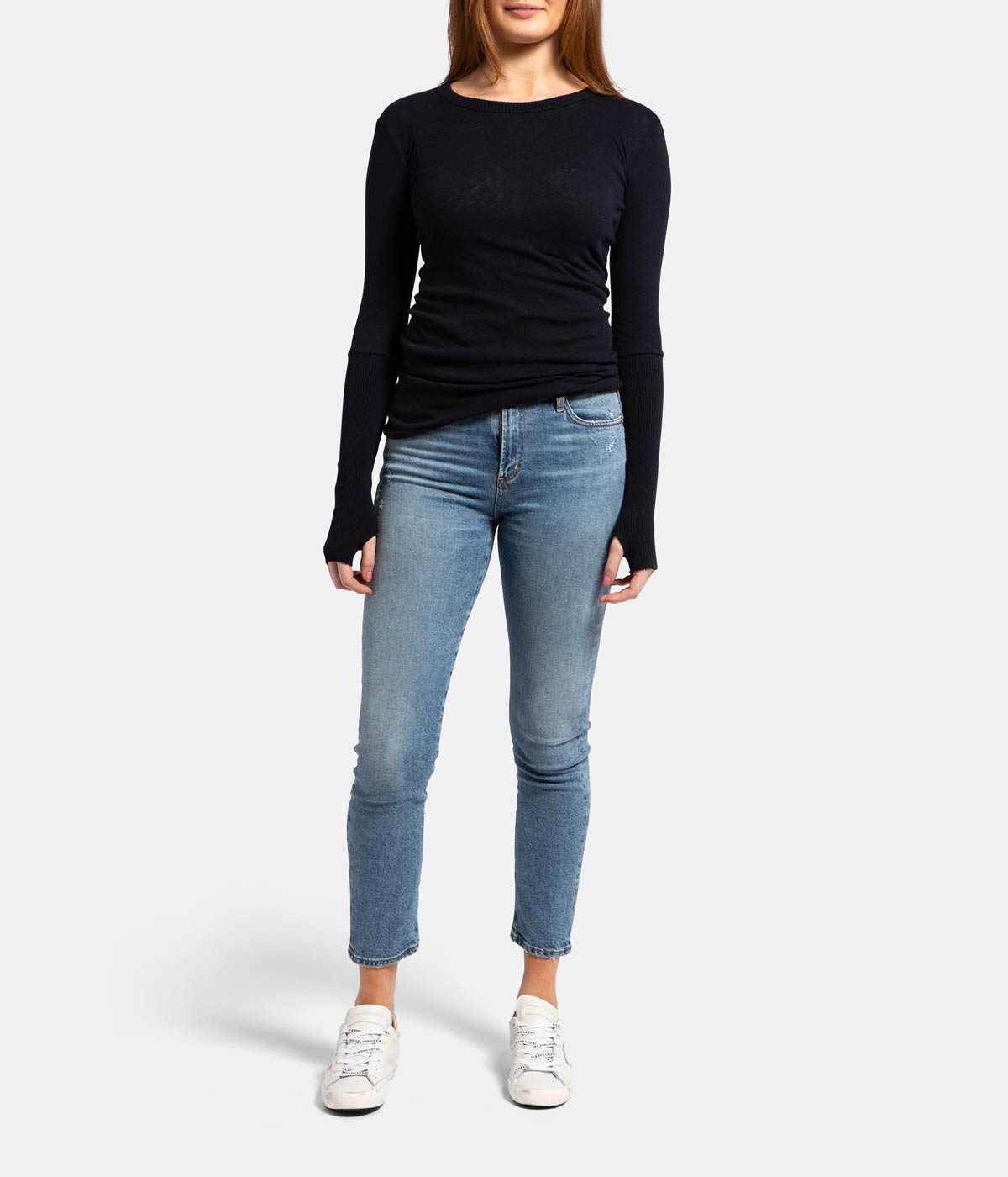 Cashmere Crew Neck Fitted Long Sleeve Top in Navy