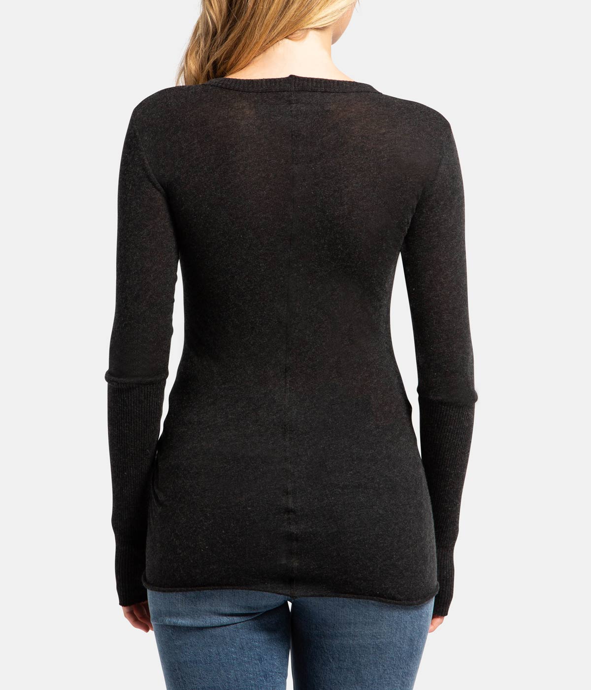 Cashmere Crew Neck Fitted Long Sleeve Top in Charcoal