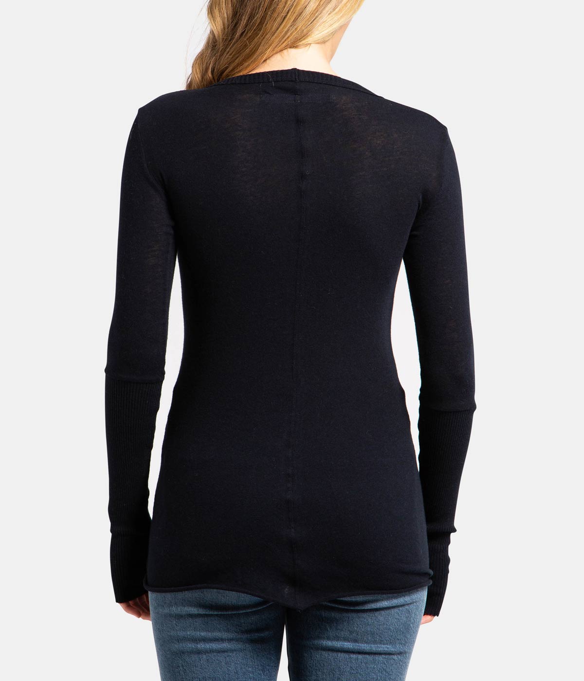 Cashmere V Neck Fitted Long Sleeve Top in Navy