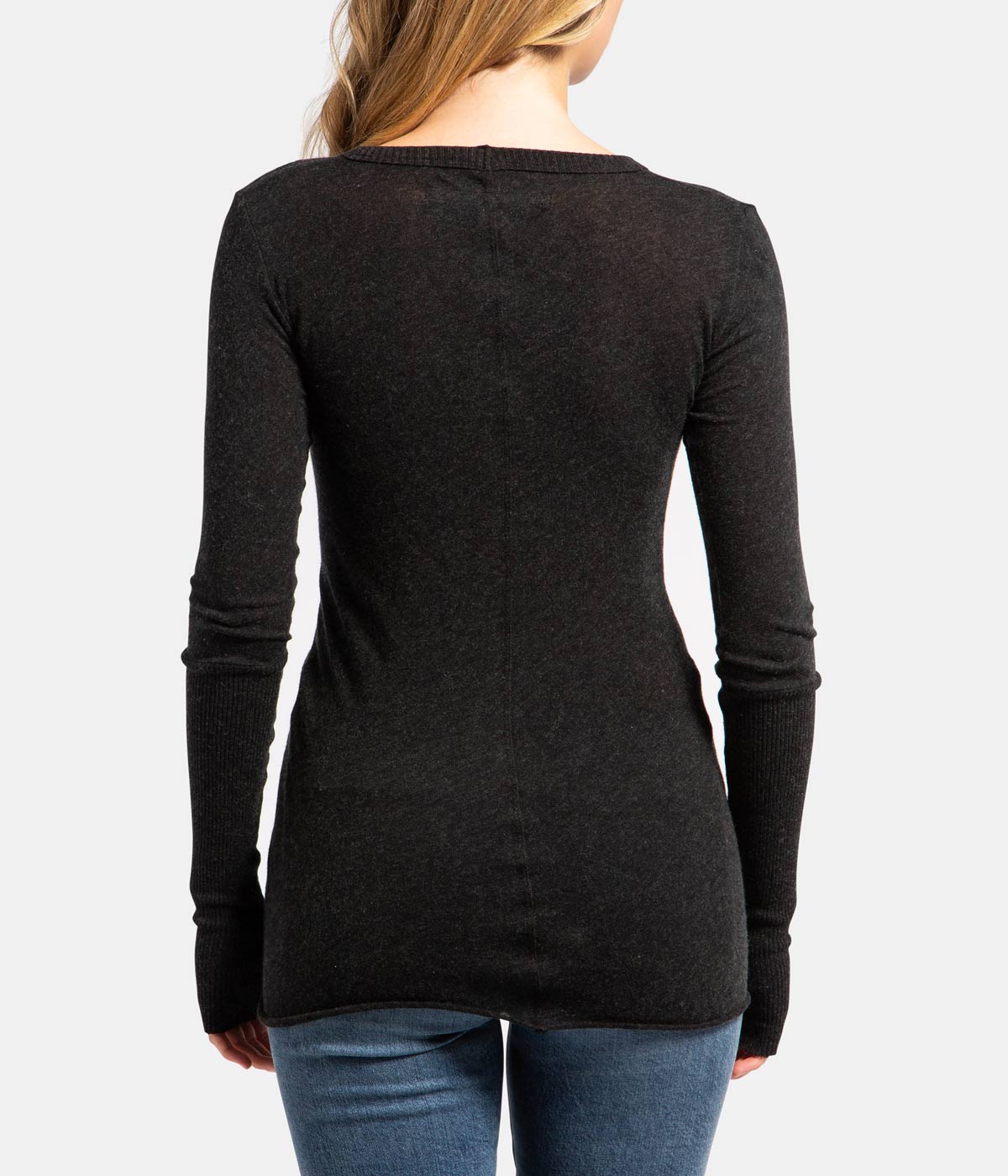 Cashmere V Neck Fitted Long Sleeve Top in Charcoal