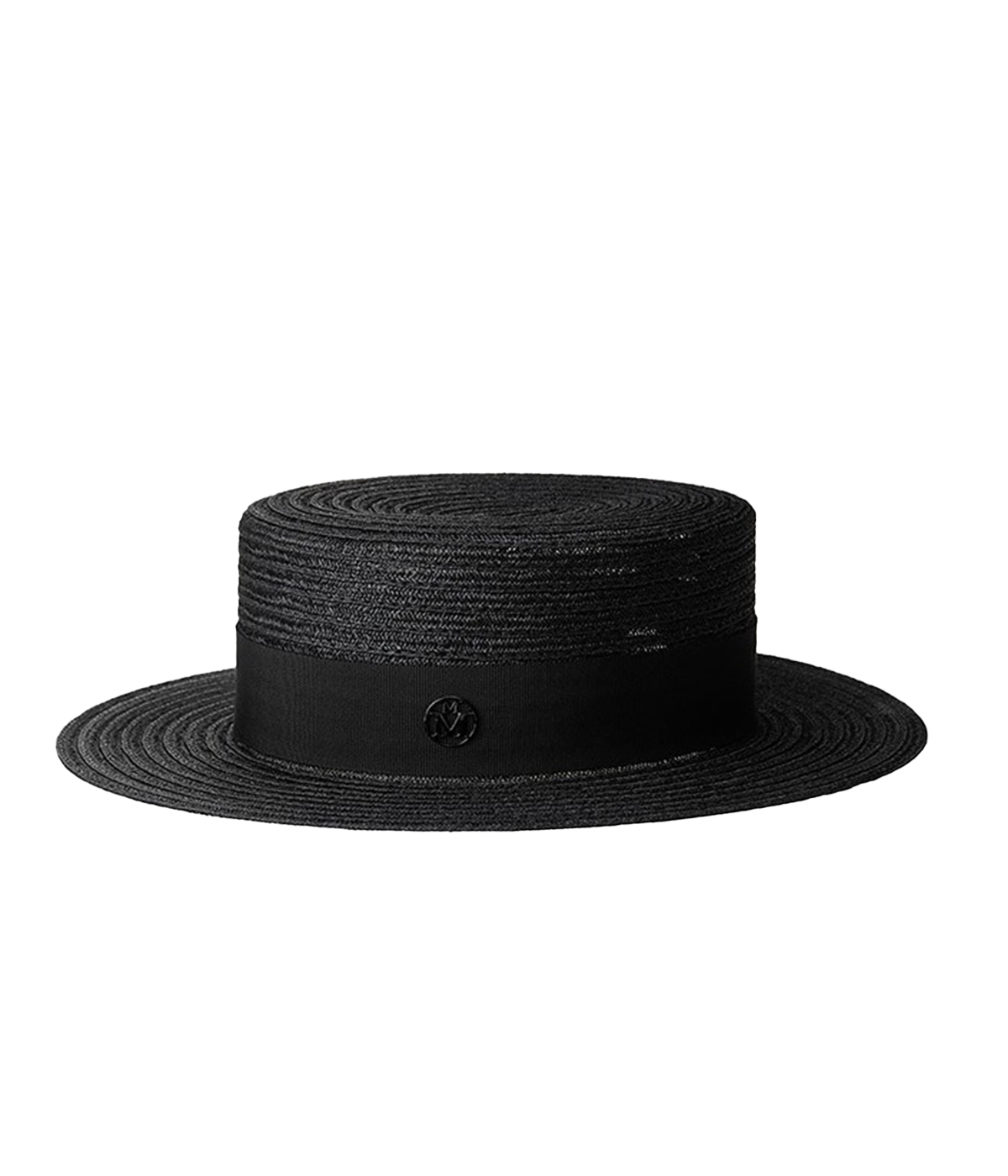 Crafted from woven hemp, this timeless black canotier hat has a flat top and brim. Perfect for a day at the races or the polo. 